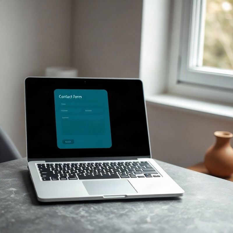 Laptop mit Kontaktformular in Teal-Optik auf schlichtem Schreibtisch