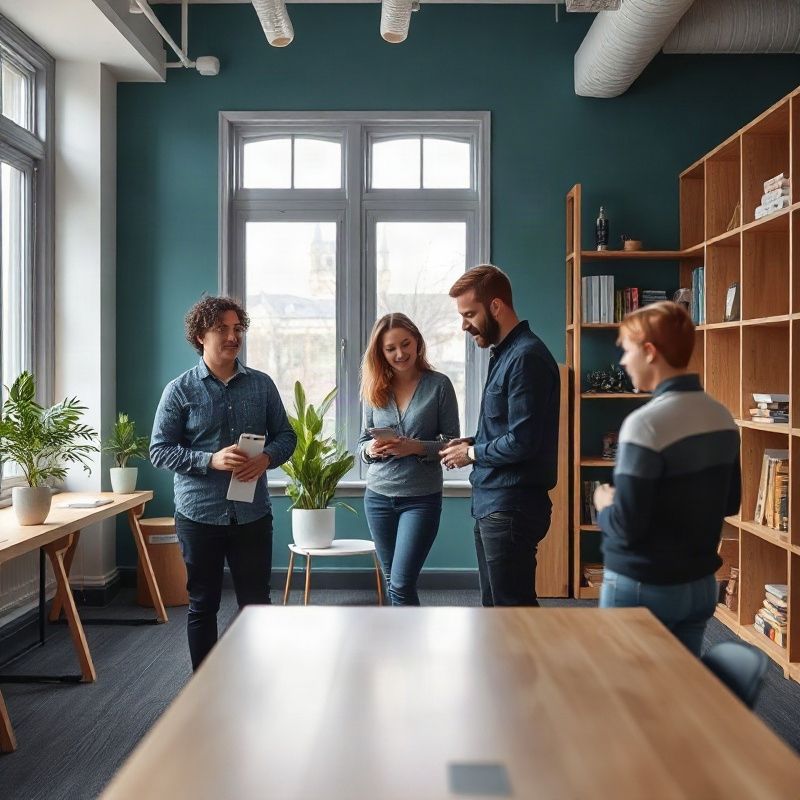 Studyfieldx-Team im Dresdner Büro mit Teal-Akzentwand und Holzregalen